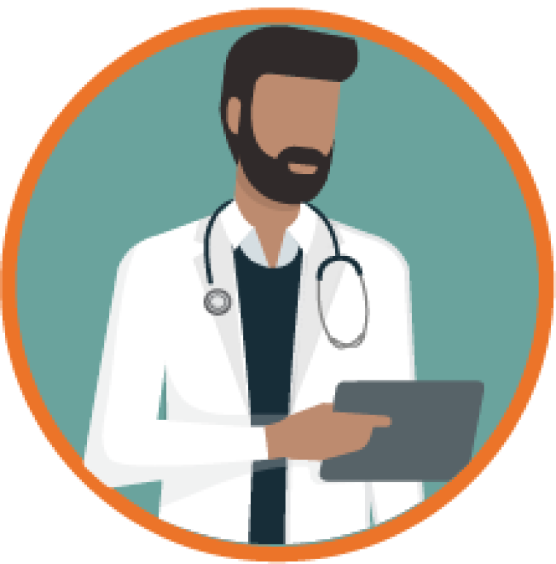 Circle with illustration of a doctor looking at a tablet 