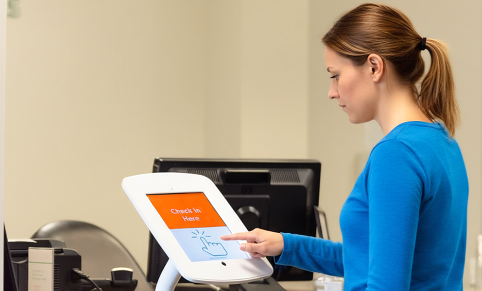 Woman checking in at kiosk in a health center