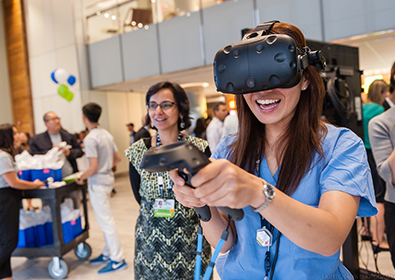 Woman wearing a virtual headset